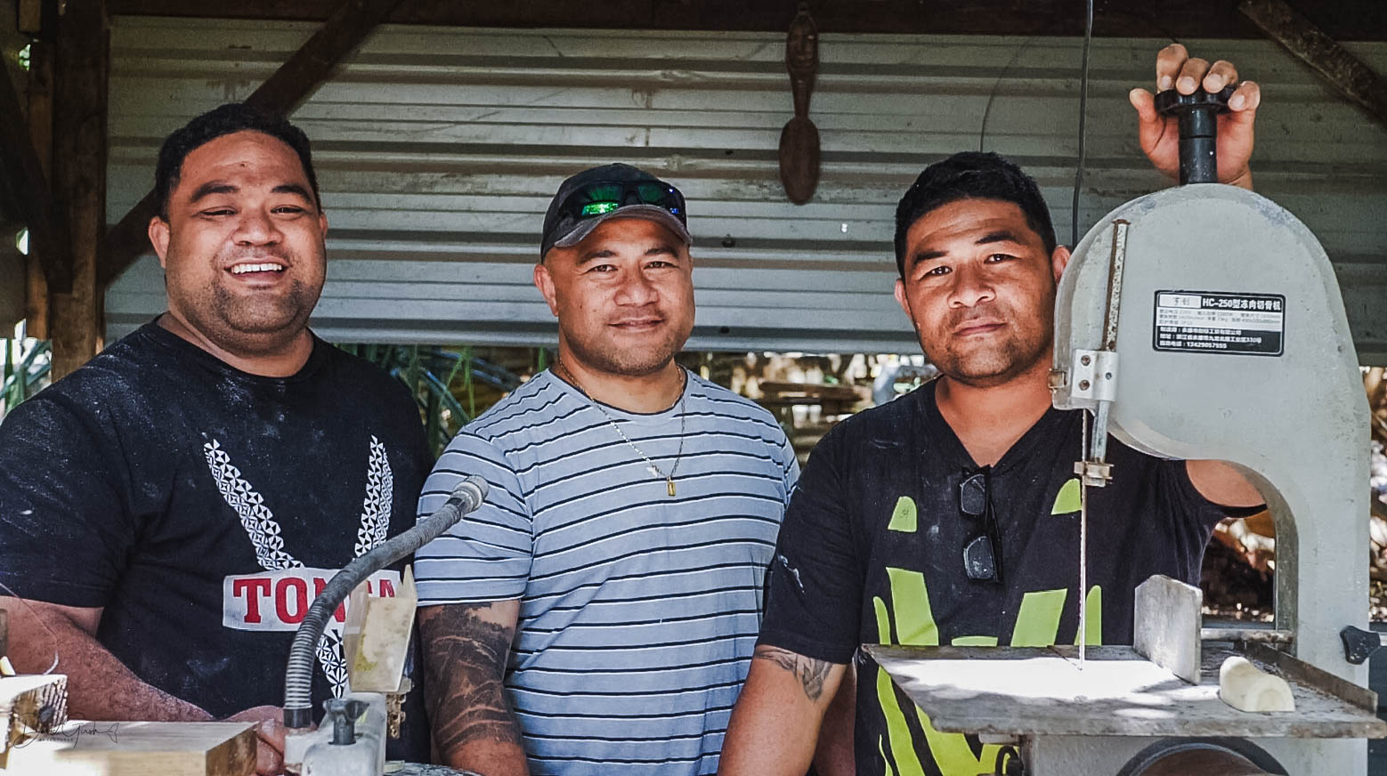 Sione Motuliki carving whale bone in his workshop, Vava'u Tonga
