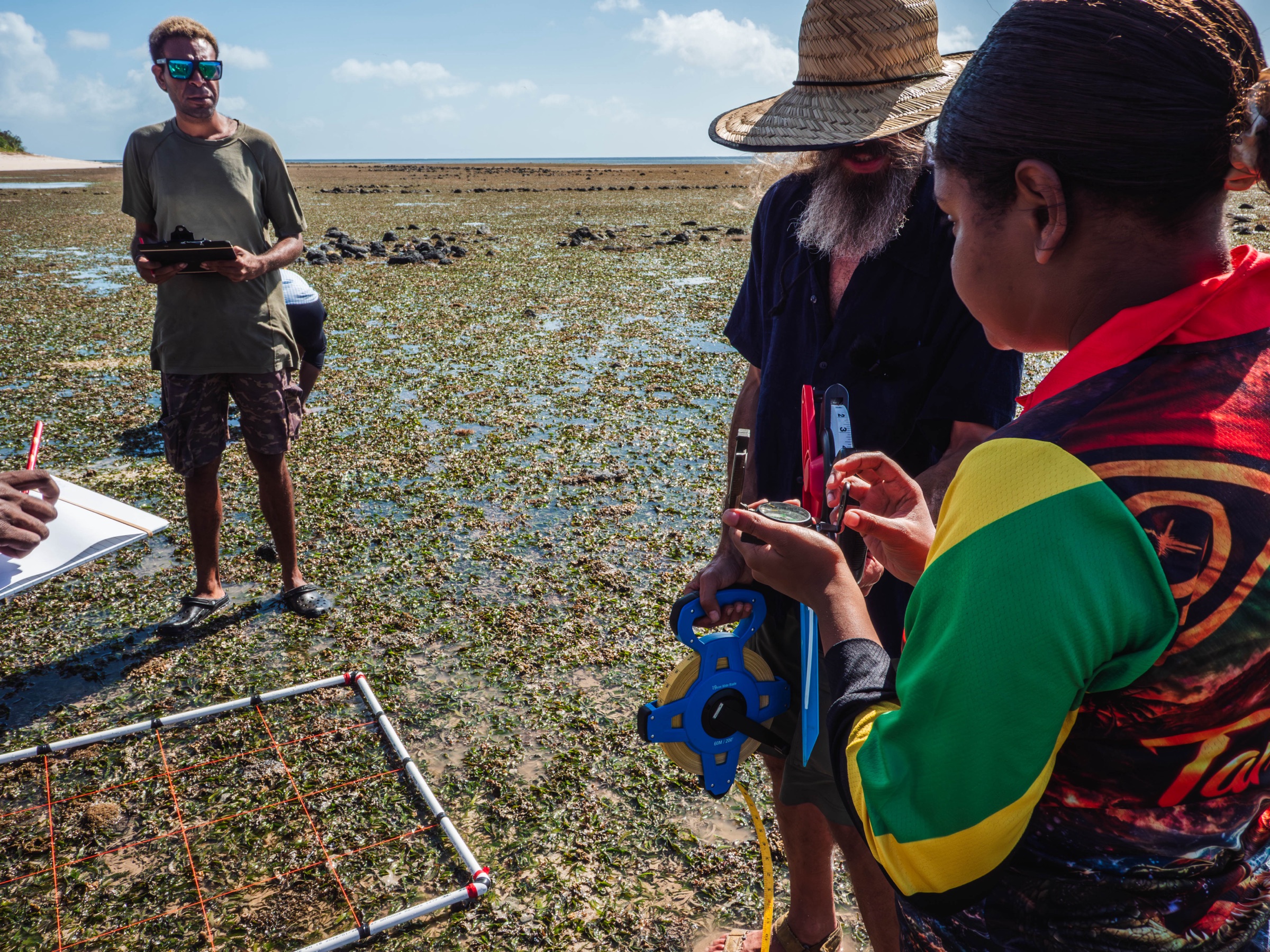 Team running a quadrat survey on the reef flat, Mer Island