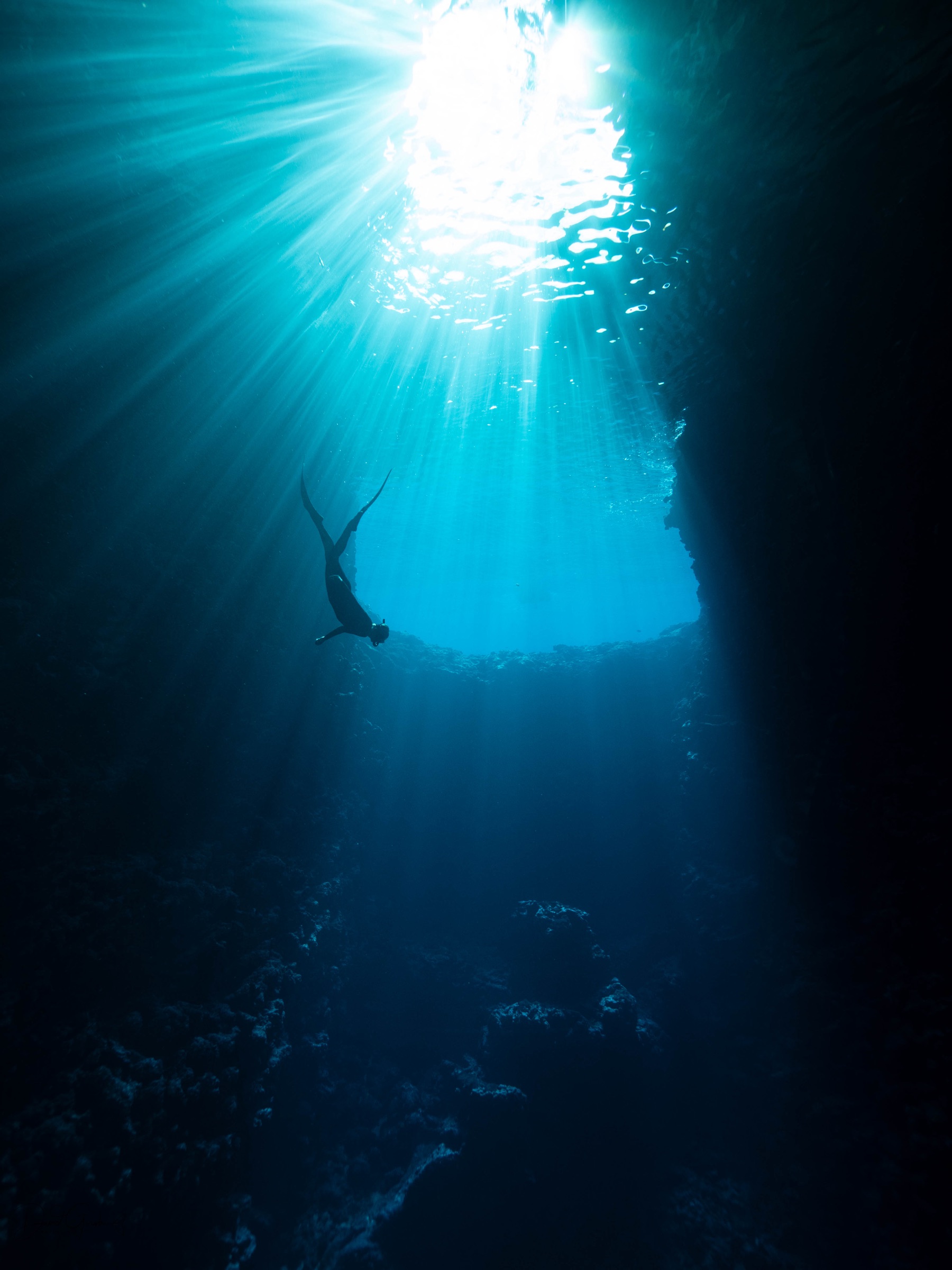 A freediver silhouetted in a shaft of light inside a Vava'u sea cave